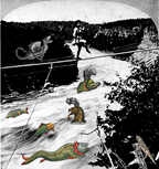 Maria Spelterini crossing the Niagara River gorge in July 1876. Below her are creatures from a medieval bestiary. 