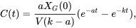 \begin{equation*} C(t)=\frac{aX_G(0)}{V(k-a)}(e^{-at}-e^{-kt}), \end{equation*}