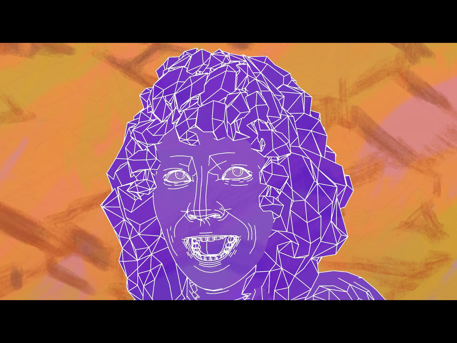 Renella drawn in purple, in front of an abstract orange painting