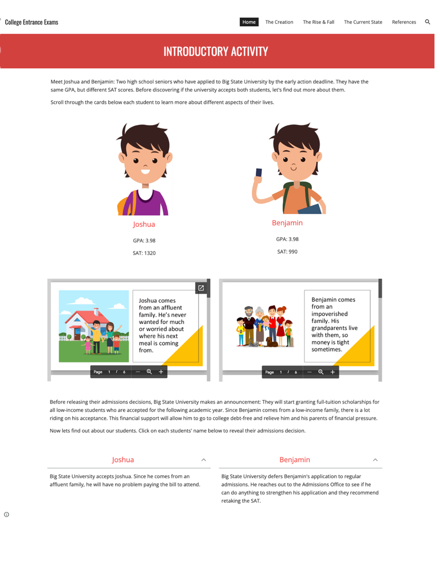 A screenshot of a learning activity depicting two students—Joshua and Benjamin—and their journey through college prep courses.