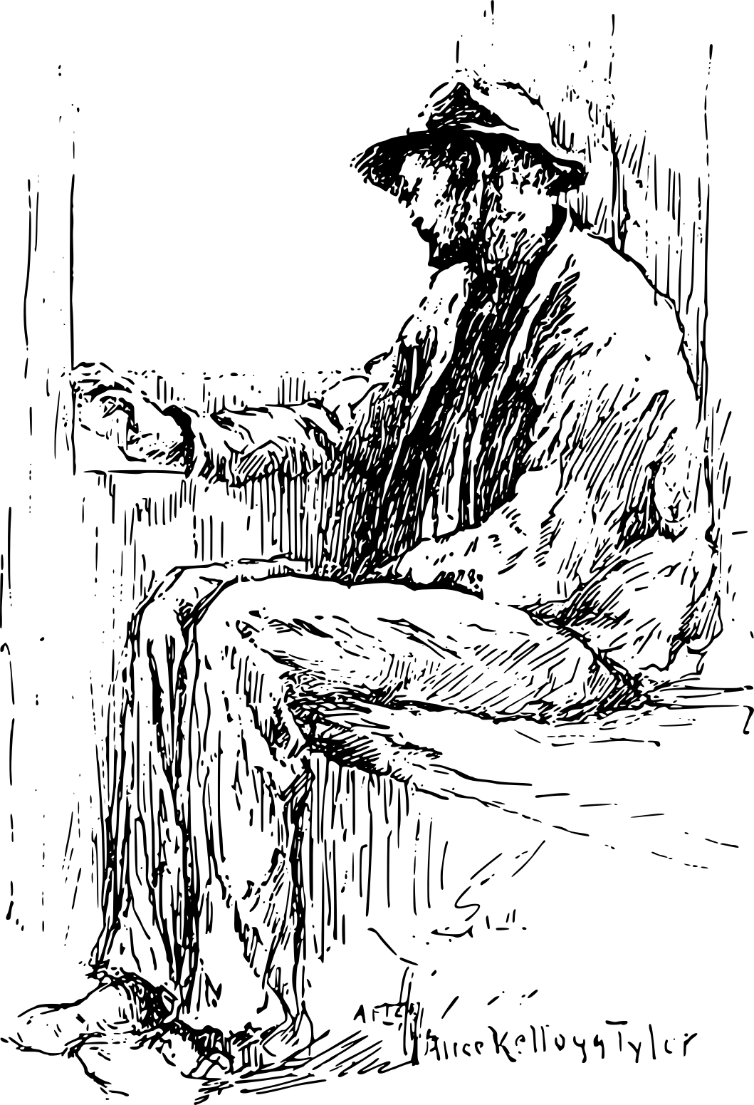 An illustration of a man with a hat sitting down.