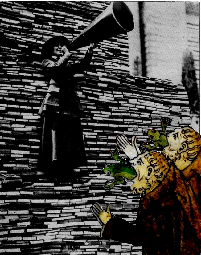 A librarian with a megaphone stands on a stack of books while two false prophets with frogs coming out of their mouths. 