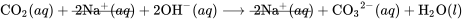 \text{CO}_2(aq) + \rule[0.5ex]{4.25em}{0.1ex}\hspace{-4.25em} 2\text{Na}^{+}(aq) + 2\text{OH}^{-}(aq) \longrightarrow \rule[0.5ex]{4.25em}{0.1ex}\hspace{-4.25em} 2\text{Na}^{+}(aq) + {\text{CO}_3}^{2-}(aq) + \text{H}_2 \text{O}(l)