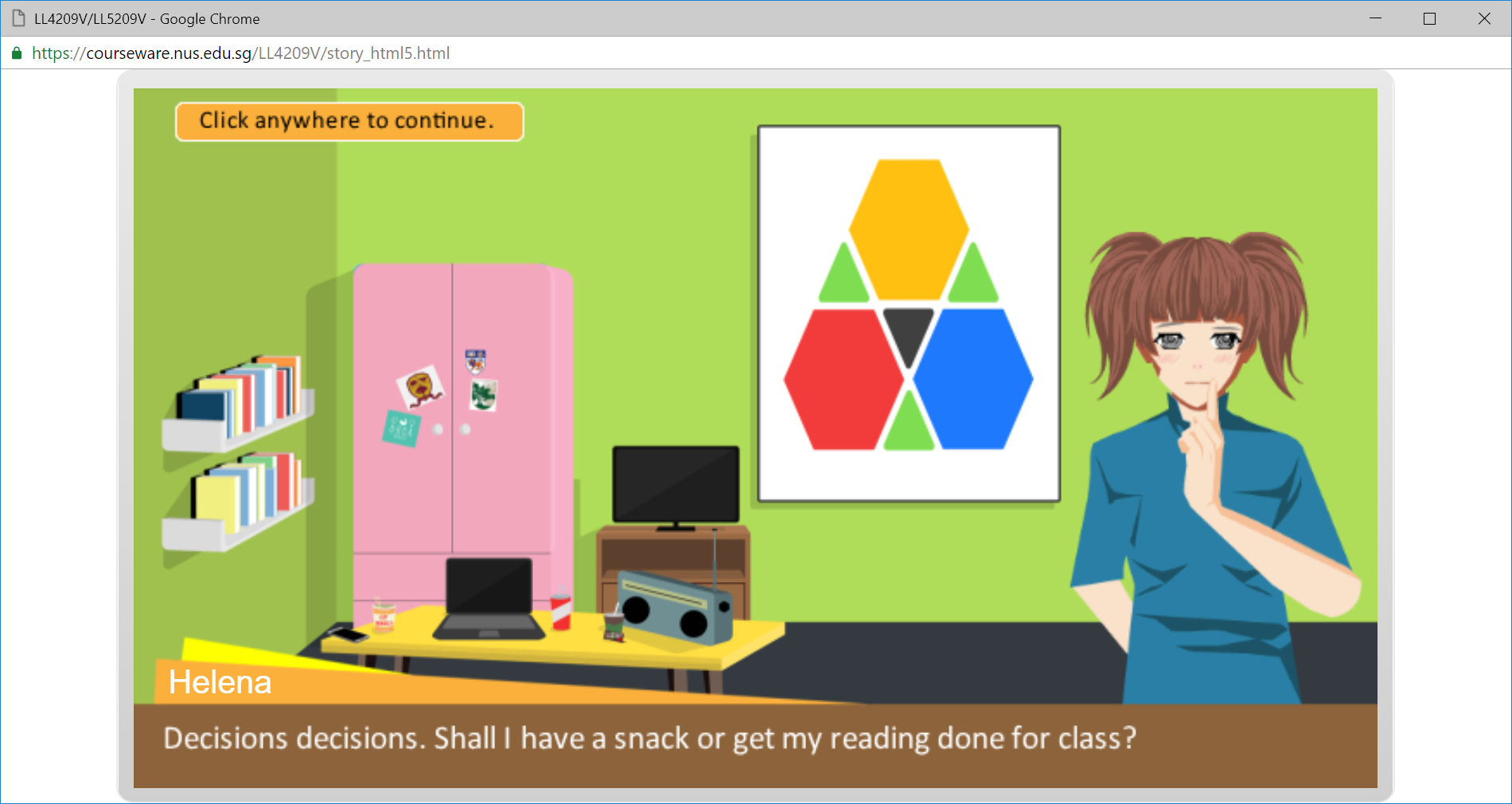 Game interface of a female student avatar making her mind up about what she is going to eat. The text reads “decisions, decisions. Shall I have a snack or get my reading done for class?”. She is in a typical room in a college residence. There is a laptop on the desk with a drink and chocolate next to it. There is a book shelf filled with books on the wall.