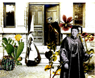 Professor talks to female student wearing dunce cap. Dr. Emily Dickson who graduated in 1801 is shown next to violets.