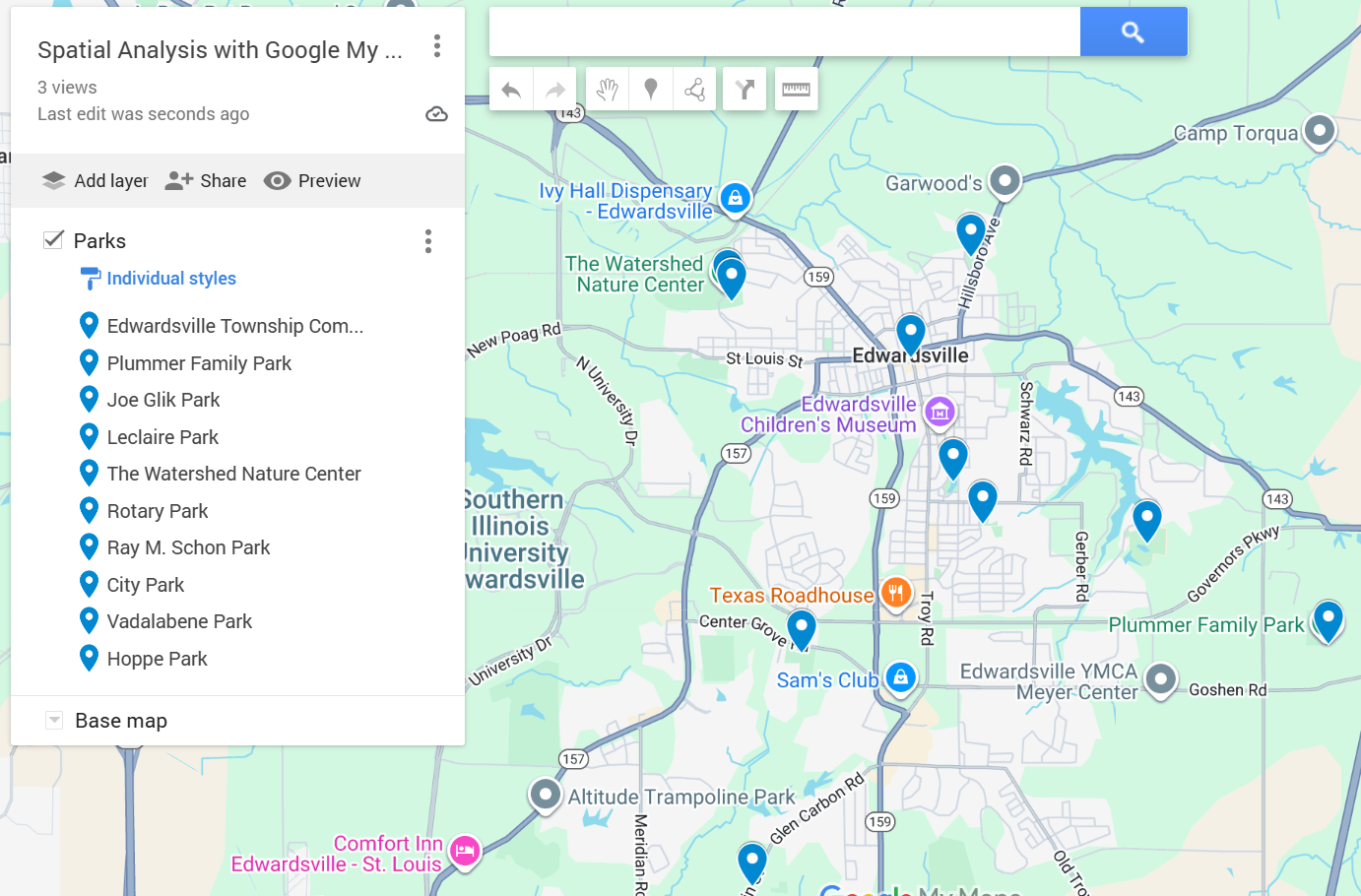 Parks are scattered across the area with no obvious clusters, but there are none marked in close proximity to the university. A panel on the left displays the names of ten parks.