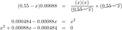 \begin{array}{rcl} (0.55-x)0.00088&=&\dfrac{(x)(x)}{(\cancel{0.55-x})}\times (\cancel{0.55-x}) \\ \\ 0.000484-0.00088x&=&x^2 \\ x^2+0.00088x-0.000484&=&0 \end{array}