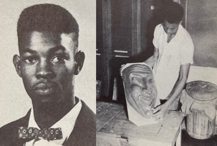 A young African American man wearing a bow tie in a yearbook photograph; the same young man holding a giant sculpture