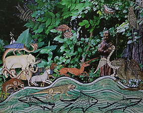 St. Francis stands among trees in front of a pond. He is surrounded by animals from various Medieval beatiarties.