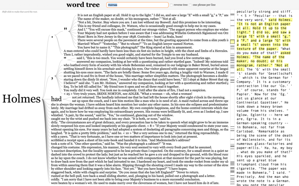 2. A screenshot of Jason Davies’s Word Tree tool showing the word “Holmes” and all words that come immediately after it in the story “A Scandal in Bohemia”: “Holmes” is sometimes followed by punctuation (e.g. a period or comma), but usually by verbs (“whistled,” “caught,” “laughed,” etc.)