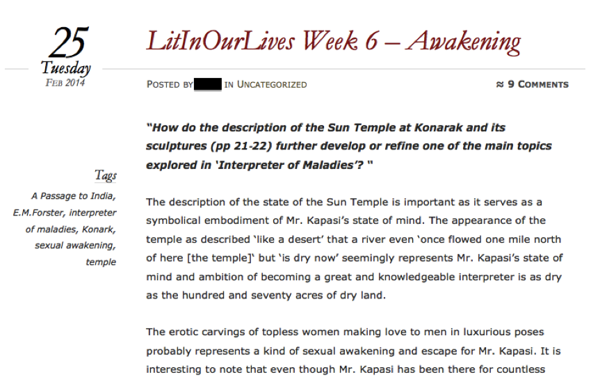 Figure 4: Example of a tagging cluster on an individual student post which include the tag ‘sexual awakening'