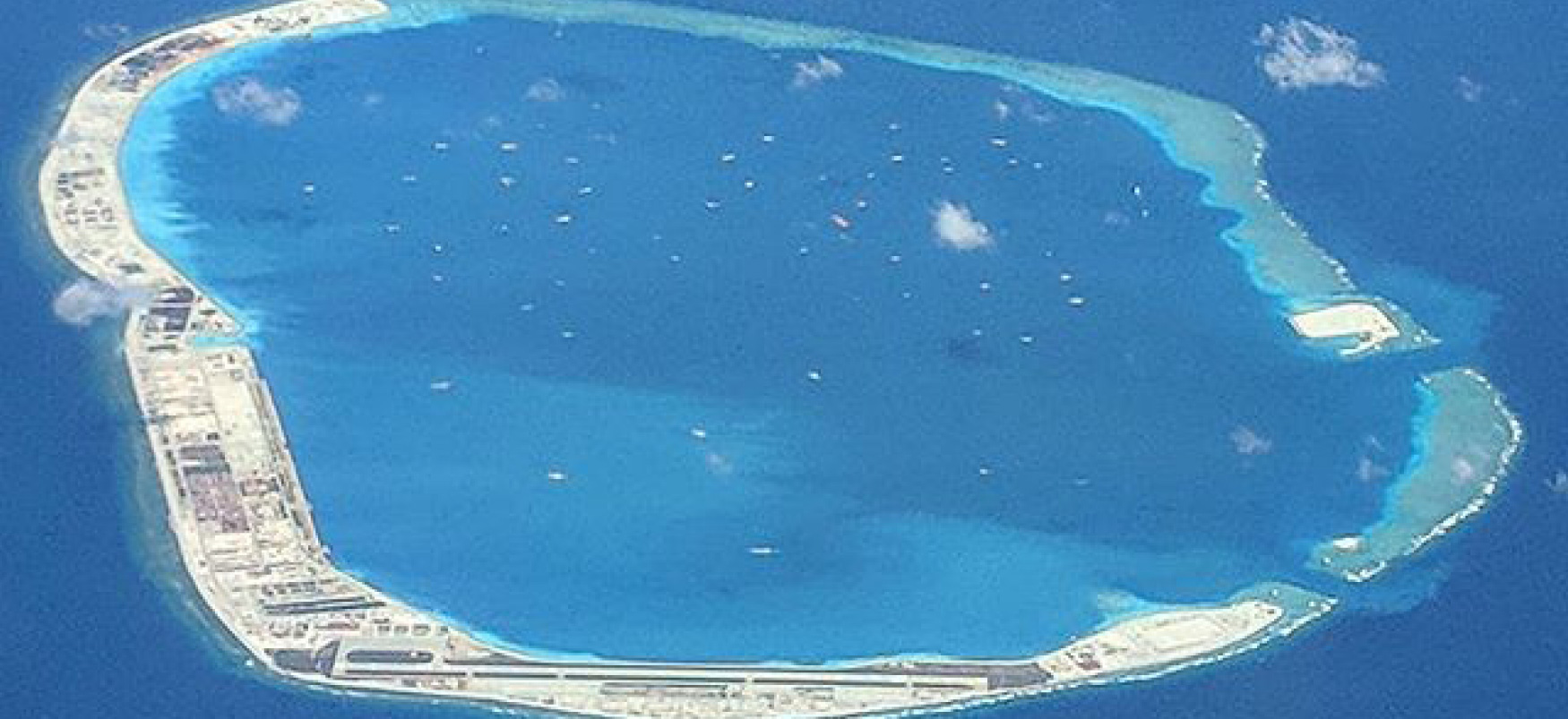 Aerial photo of a militarized island off the coast of the Philippines