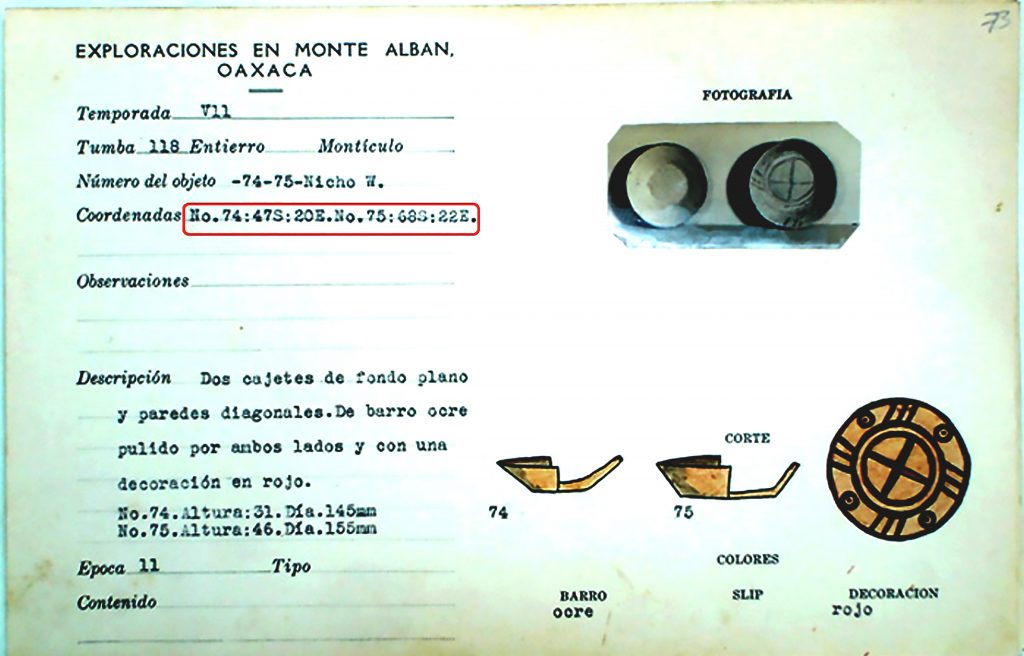 Fig. 2 – Large index card with typed information about an object – photograph of a bowl at top right and a watercolor of the same object below it.