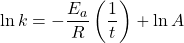\ln k=-\dfrac{E_a}{R}\left(\dfrac{1}{t}\right)+\ln A