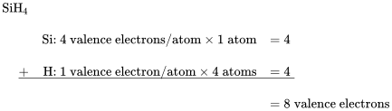 \begin{array}{r r l} \text{SiH}_4 & & \\[1em] & \text{Si: 4 valence electrons/atom} \times 1 \;\text{atom} & = 4 \\[1em] \rule[-0.5ex]{21em}{0.1ex}\hspace{-21em} + & \text{H: 1 valence electron/atom} \times 4 \;\text{atoms} & = 4 \\[1em] & & = 8 \;\text{valence electrons} \end{array}