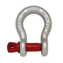 A metal anchor shackle with a red screw pin, commonly used in theatrical rigging for securing loads and connecting lifting equipment.
