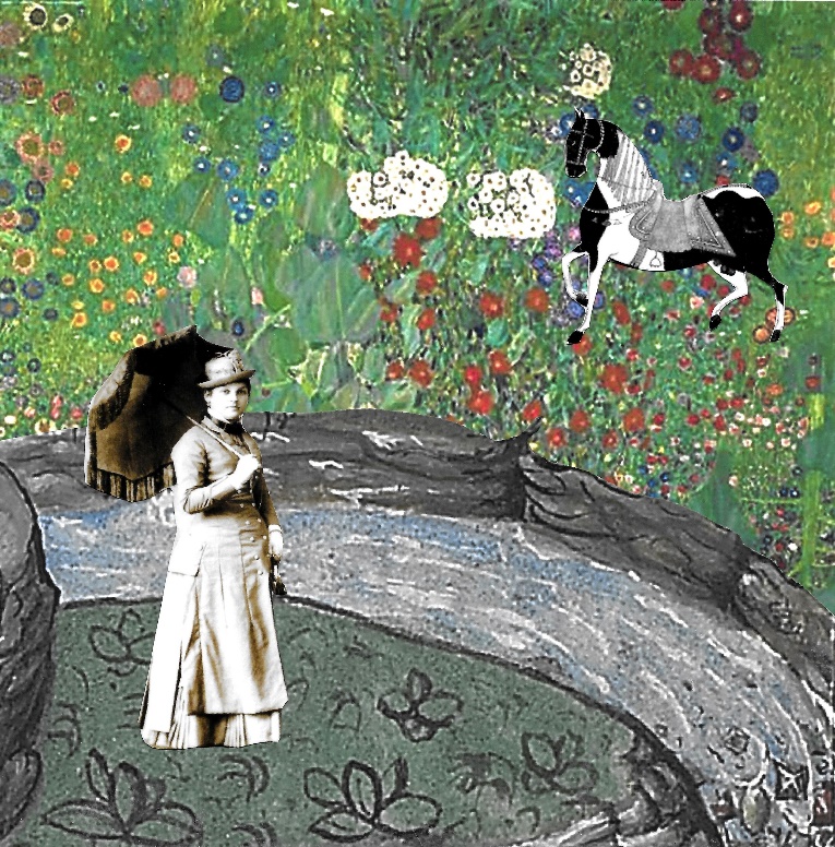 Belle Brezing, a madam from Lexington, holds her umbrella while standing next to a river. A horse is in the background.