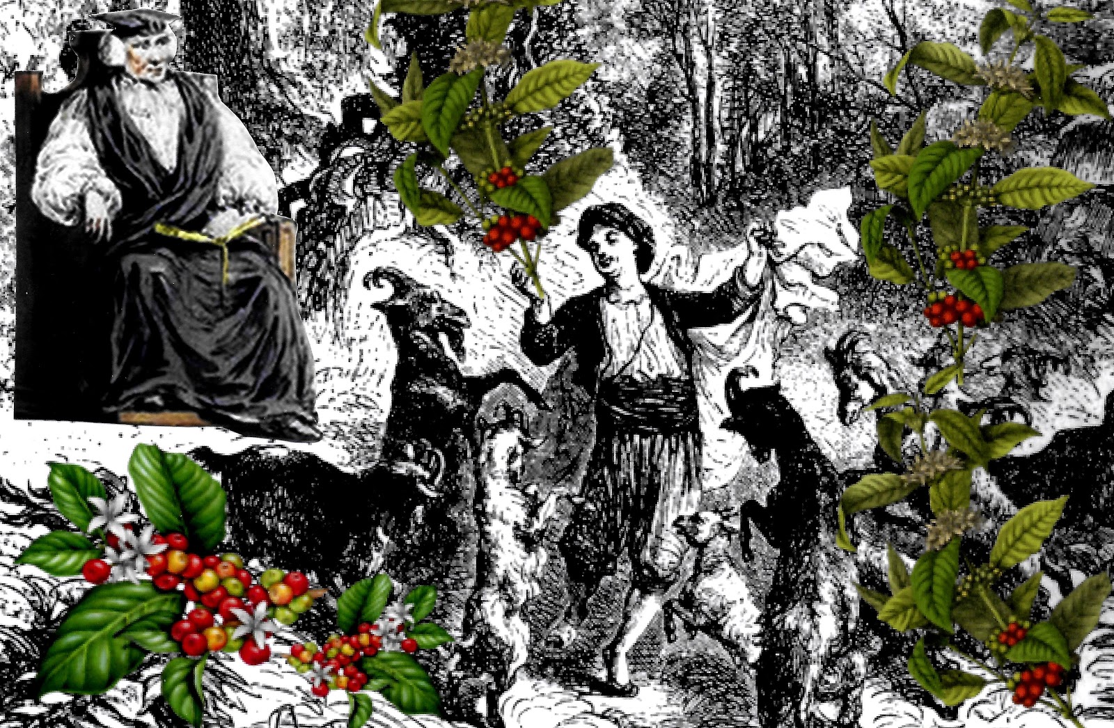 Kaldi, a teenaged boy, and his goats dance surrounded by coffee plants while a seated bishop watches.
