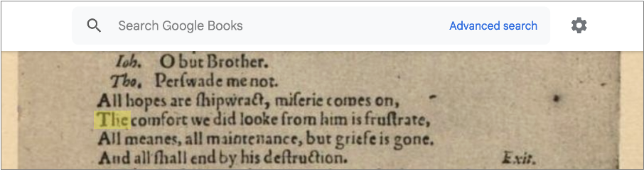 A screenshot from Google Books showing part of a printed page from a book by George Wilkins called The Miseries of Inforst Mariage
