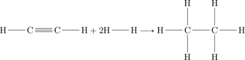 \begin{equation*} \chemfig{H-C~C-H}+\chemfig{2H-H}\longrightarrow \chemfig{H-C(-[:90]H)(-[:-90]H)-C(-[:90]H)(-[:-90]H)-H} \end{equation*}