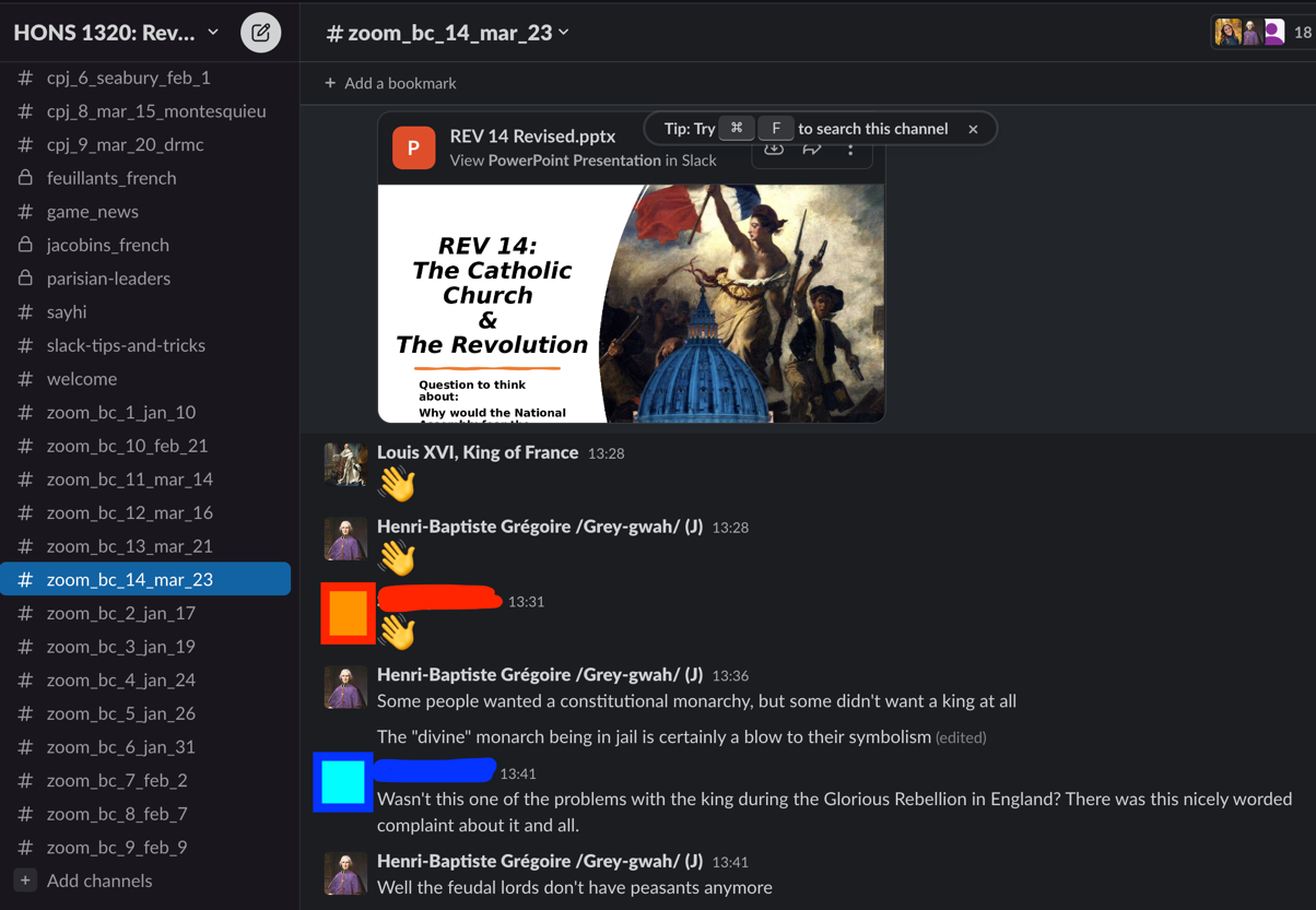 The Slack backchannel interface, with daily channels listed in a menu to the left and opening chats between users named Louis XVI, King of France and Henri-Baptiste Grégoire interfacing with anonymized students before class.