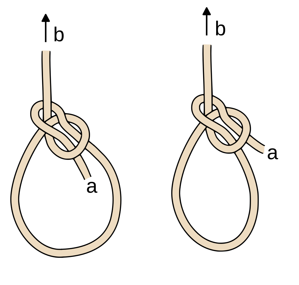 A side-by-side diagram comparing a standard bowline knot (left) and a cowboy bowline knot (right), both forming secure loops in rope.