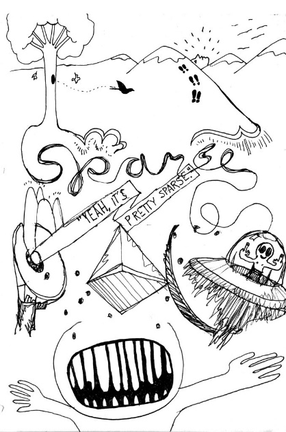 Handwritten example of exquisite corpse surrealist game where artists would finish each other's drawings or paintings. This shows monsters, aliens and trees. 