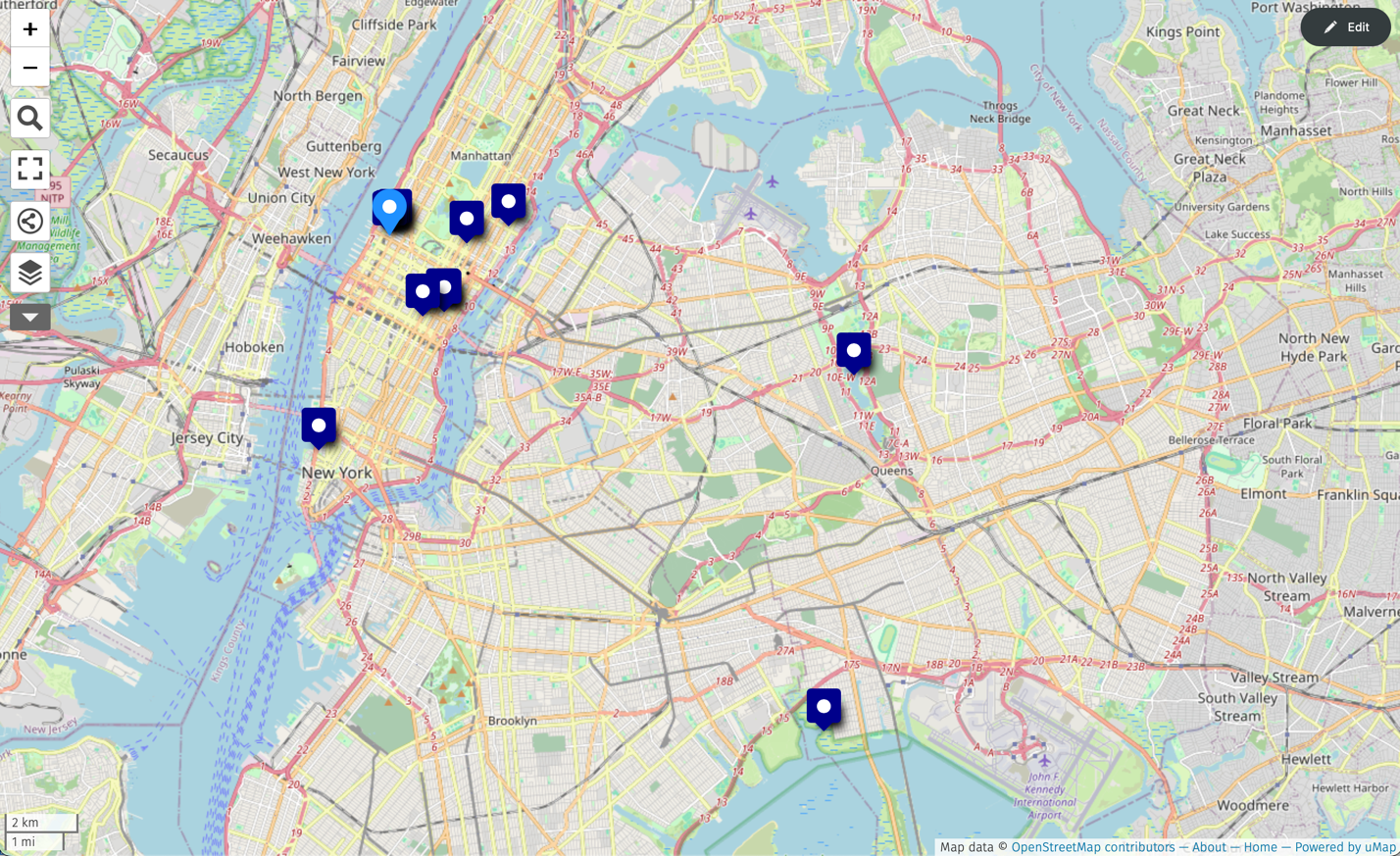 A map of New York City depicting Manhattan, Brooklyn and Queens. There are 9 markers on the map showing each point a student placed a marker to represent the CUNY Digital History Archive items. 
