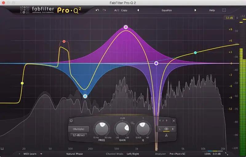 A screenshot of the FabFilter Pro-Q 2 equalizer plugin interface. The graph displays multiple frequency bands with curves in yellow, purple, and blue against a gray spectral background. Controls for frequency, gain, and Q are visible below.