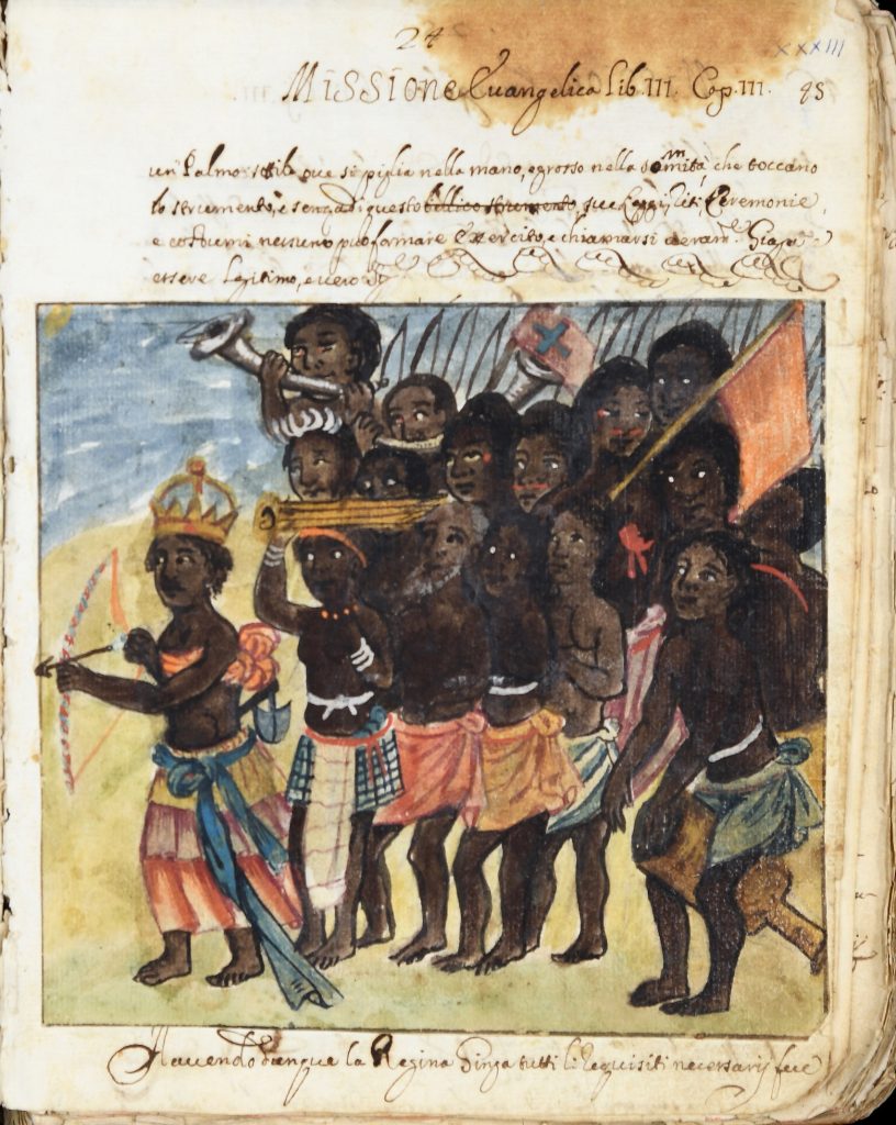 Watercolor painting depicting Queen Njinga with a host of others behind her. In her hand she holds a bow, and has a battle axe affixed to her as well.