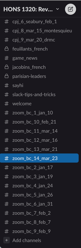 The list of Slack backchannels, divided by class date.