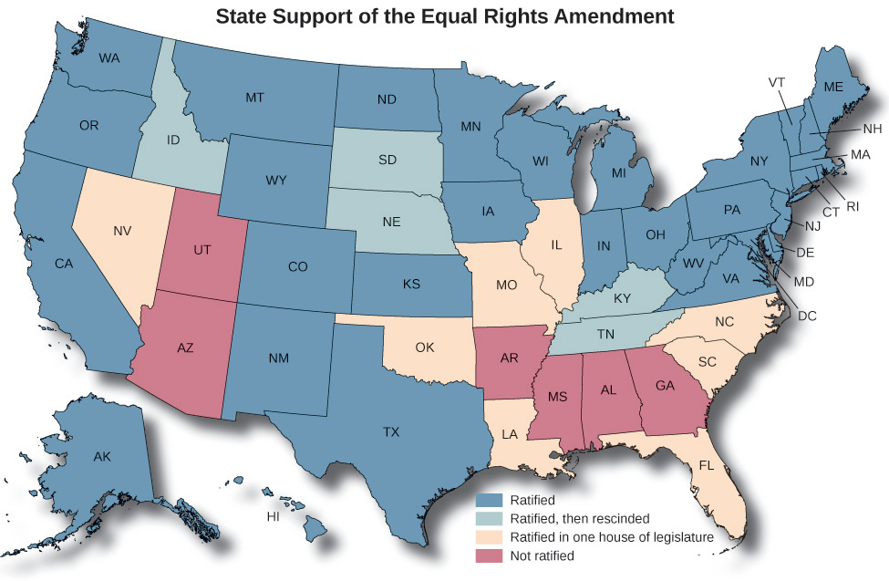 A map of the United States titled “State Support of the Equal Rights Amendment”. States marked as “Ratified” are Washington, Oregon, California, Alaska, Hawaii, Montana, Wyoming, Colorado, New Mexico, North Dakota, Kansas, Texas, Minnesota, Iowa, Wisconsin, Michigan, Indiana, Ohio, West Virginia, Maryland, Pennsylvania, Delaware, New Jersey, New York, Connecticut, Rhode Island, Massachusetts, New Hampshire, Maine, and Vermont. States marked as “Ratified, then rescinded” are Idaho, South Dakota, Nebraska, Kentucky, and Tennessee. States marked as “Ratified in one house of legislature” are Nevada, Oklahoma, Missouri, Illinois, Louisiana, Florida, South Carolina, and North Carolina. States marked as “Not ratified” are Utah, Arizona, Arkansas, Mississippi, Alabama, Georgia, and Virginia.