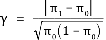 <mml:math xmlns:mml="http://www.w3.org/1998/Math/MathML" xmlns:m="http://schemas.openxmlformats.org/officeDocument/2006/math" display="block"><mml:mi mathvariant="normal">γ</mml:mi><mml:mo>=</mml:mo><mml:mfrac><mml:mrow><mml:mo>|</mml:mo><mml:msub><mml:mrow><mml:mi mathvariant="normal">π</mml:mi></mml:mrow><mml:mrow><mml:mn>1</mml:mn></mml:mrow></mml:msub><mml:mo>-</mml:mo><mml:msub><mml:mrow><mml:mi mathvariant="normal">π</mml:mi></mml:mrow><mml:mrow><mml:mn>0</mml:mn></mml:mrow></mml:msub><mml:mo>|</mml:mo></mml:mrow><mml:mrow><mml:msqrt><mml:msub><mml:mrow><mml:mi mathvariant="normal">π</mml:mi></mml:mrow><mml:mrow><mml:mn>0</mml:mn></mml:mrow></mml:msub><mml:mo>(</mml:mo><mml:mn>1</mml:mn><mml:mo>-</mml:mo><mml:msub><mml:mrow><mml:mi mathvariant="normal">π</mml:mi></mml:mrow><mml:mrow><mml:mn>0</mml:mn></mml:mrow></mml:msub><mml:mo>)</mml:mo></mml:msqrt></mml:mrow></mml:mfrac></mml:math>