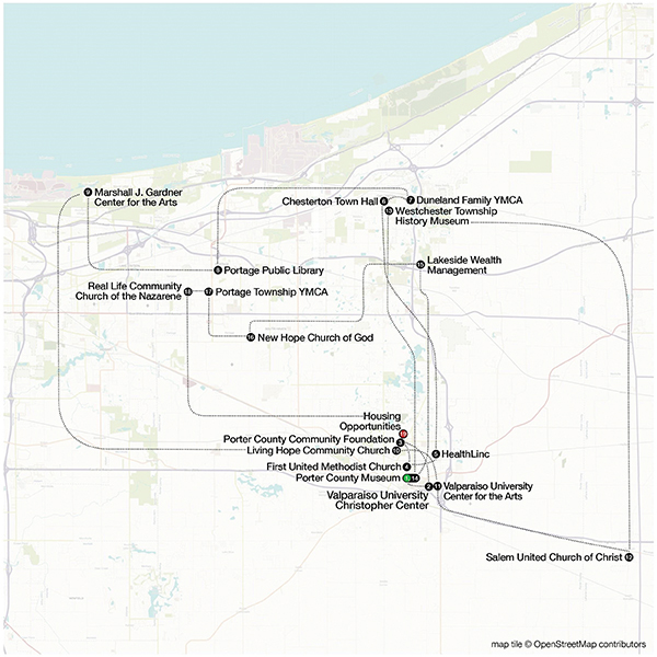 Map of Porter County, Indiana with dots indicating the eighteen exhibit sites.