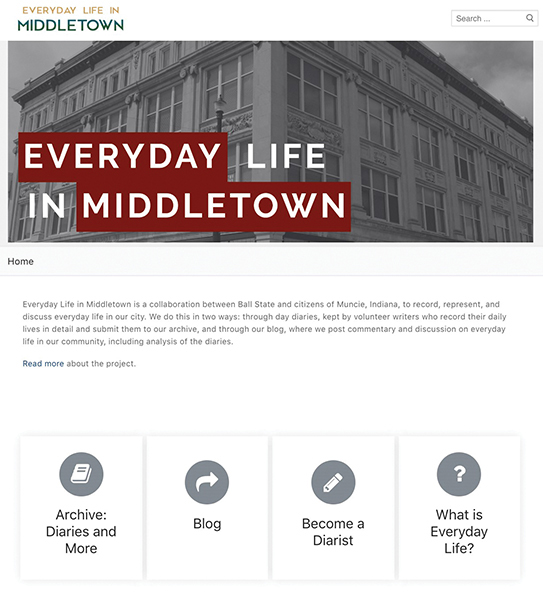 Homepage for Everyday Life in Middletown, showing links to the archive, blog, diarist recruiting, and ‘What is Everyday Life’ pages.