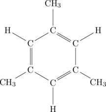 \chemfig{C*6((-\ce{CH3})-C(-H)=C(-\ce{CH3})-C(-H)=C(-\ce{CH3})-C(-H)=)}