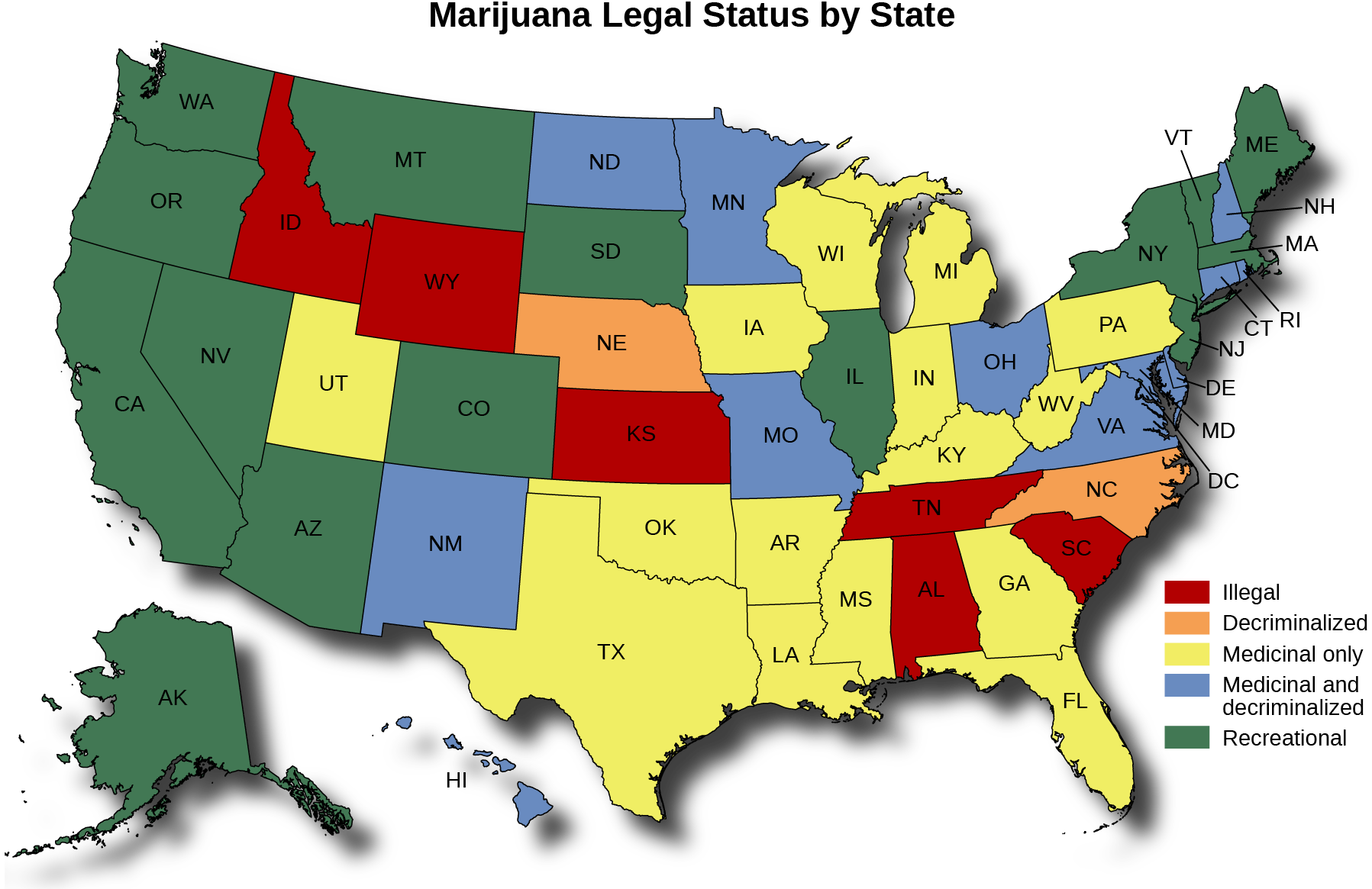 A map of the Unites States titled “Marijuana Legal Status by State”. The map shows in which states marijuana is illegal, decriminalized, medicinal only, medicinal and decriminalized, and recreational. Marijuana is illegal in Idaho, Wyoming, South Dakota, Kansas, Texas, Iowa, Wisconsin, Indiana, Kentucky, Tennessee, Alabama, Georgia, Virginia, and South Carolina. Marijuana is decriminalized in Nebraska, Mississippi, and North Carolina. Marijuana is medicinal only in Montana, Utah, Arizona, New Mexico, North Dakota, Oklahoma, Arkansas, Louisiana, Florida, West Virginia, Pennsylvania, and New Jersey. Marijuana is medicinal and decriminalized in Minnesota, Missouri, Illinois, Ohio, New York, Delaware, Maryland, the District of Columbia, New Hampshire, Connecticut, and Rhode Island. Marijuana is recreational in Washington, Oregon, California, Nevada, Alaska, Colorado, Michigan, Vermont, Maine, and Massachusetts.