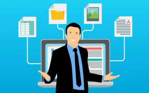 drawing of man in front of laptop