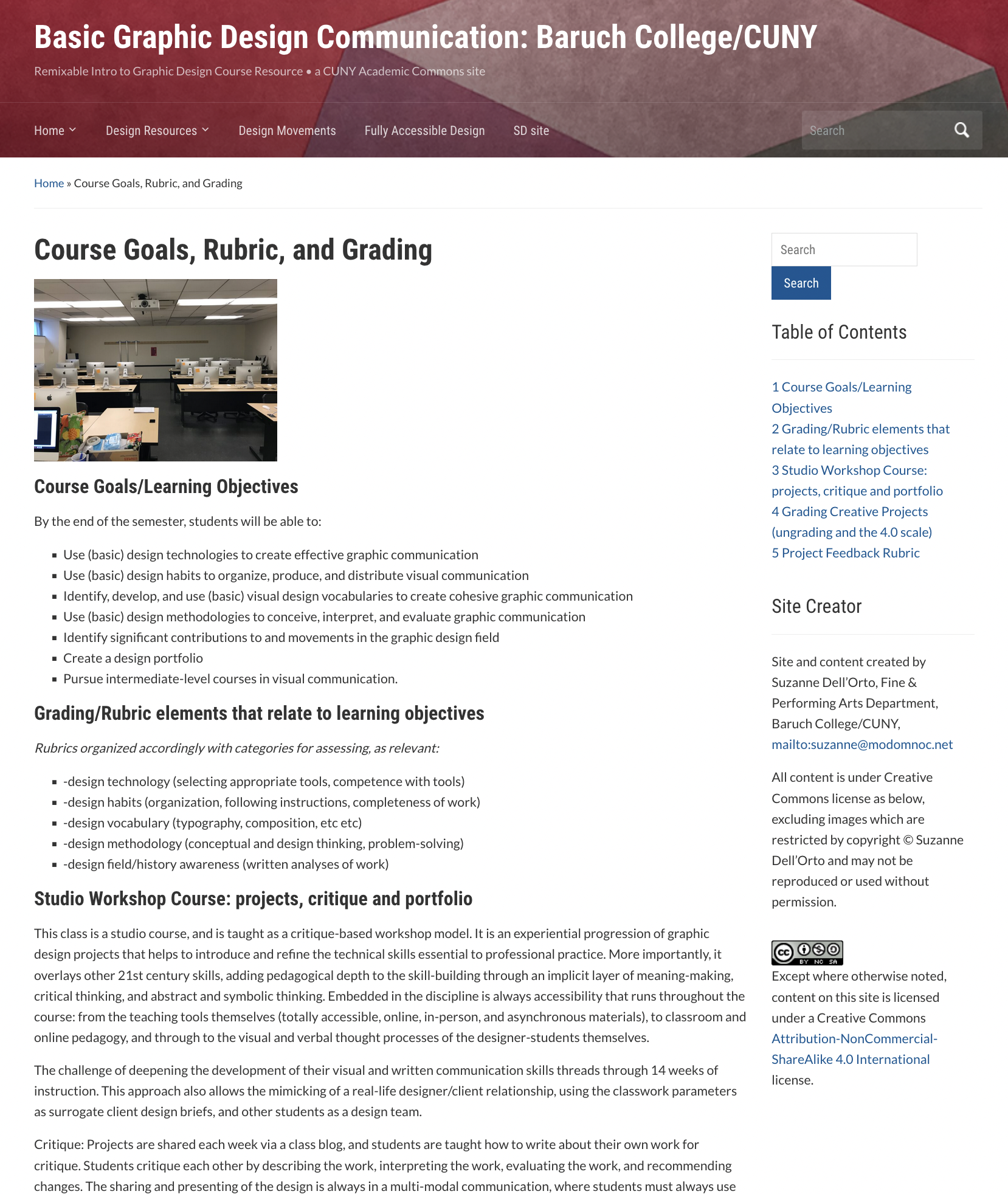 Image shows Baruch College, CUNY website: Course goals, Rubric, and Grading page, including course goals and learning objectives, grading and rubric elements, and Studio Workshop course: projects, critique and portfolio. 
