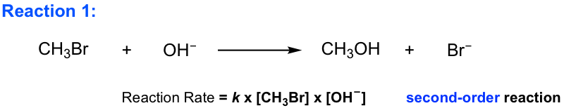 CH3Br + OH- = CH3OH + Br-, Reaction Rate = k times [CH3Br] times OH-
