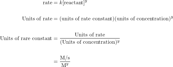 \begin{align*} \text{rate}&=k[\text{reactant}]^y \\ \\ \text{Units of rate}&=\text{(units of rate constant)}\text{(units of concentration)}^y \\ \\ \text{Units of rare constant}&=\dfrac{\text{Units of rate}}{(\text{Units of concentration})^y} \\ \\ &=\dfrac{\text{M/s}}{\text{M}^y} \end{align*}