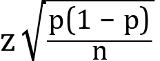 <mml:math xmlns:mml="http://www.w3.org/1998/Math/MathML" xmlns:m="http://schemas.openxmlformats.org/officeDocument/2006/math" display="block"><mml:mi mathvariant="normal">z</mml:mi><mml:msqrt><mml:mfrac><mml:mrow><mml:mi mathvariant="normal">p</mml:mi><mml:mo>(</mml:mo><mml:mn>1</mml:mn><mml:mo>-</mml:mo><mml:mi mathvariant="normal">p</mml:mi><mml:mo>)</mml:mo></mml:mrow><mml:mrow><mml:mi mathvariant="normal">n</mml:mi></mml:mrow></mml:mfrac></mml:msqrt></mml:math>