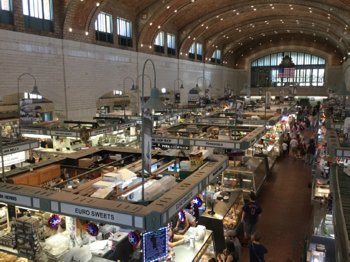 An overhead shot of Cleveland’s West Side Market. Lots of lit up vendor booths