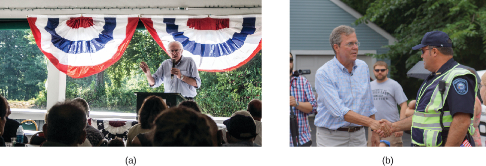 Image A is of Bernie Sanders speaking to a group of seated people. Image B is of John Ellis “Jeb” Bush shaking hands with another person.