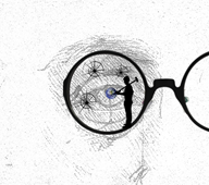 Man holding sledgehammer stands on the rim of a pair of glasses he shattered. The glasses cover an eye drawn by da Vinci.