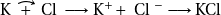 \ce{\Lewis{0.,K}}\hspace{1mm}\wideOarc{+}\hspace{1mm}\Lewis{0:2:4.6:,Cl}\longrightarrow \ce{K^+}+\ce{\Lewis{0:2:4:6:,Cl}^-}\longrightarrow \ce{KCl}