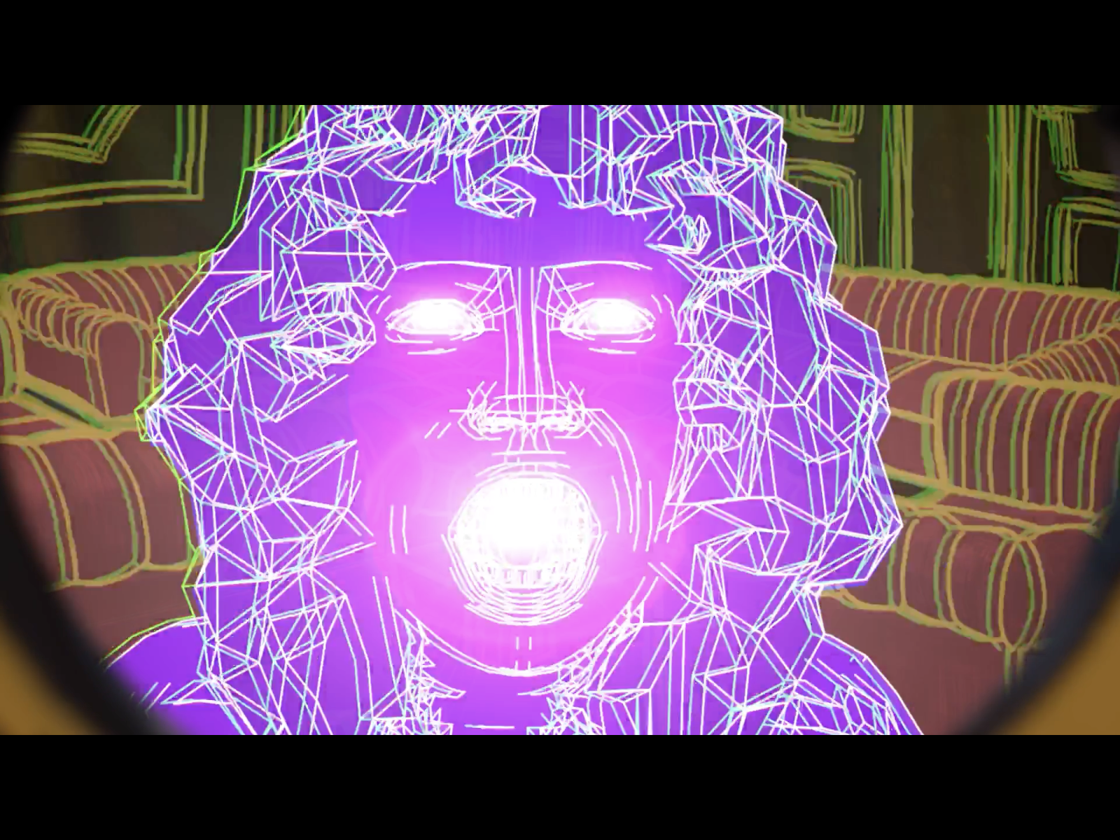Renella, drawn in purple, in the Tuka Girls Shelter, seen through the surveillance camera.
