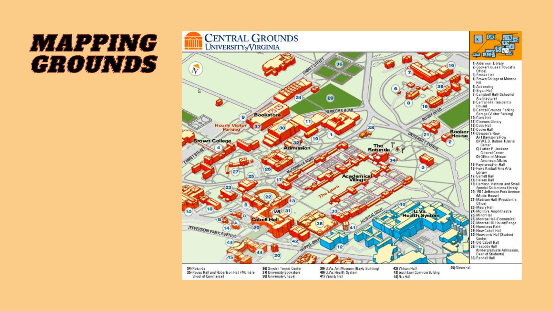 Slide from the workshop. Participants created their own countermaps of the University of Virginia’s grounds using two blank maps, including a blank version of the depicted map of UVA.