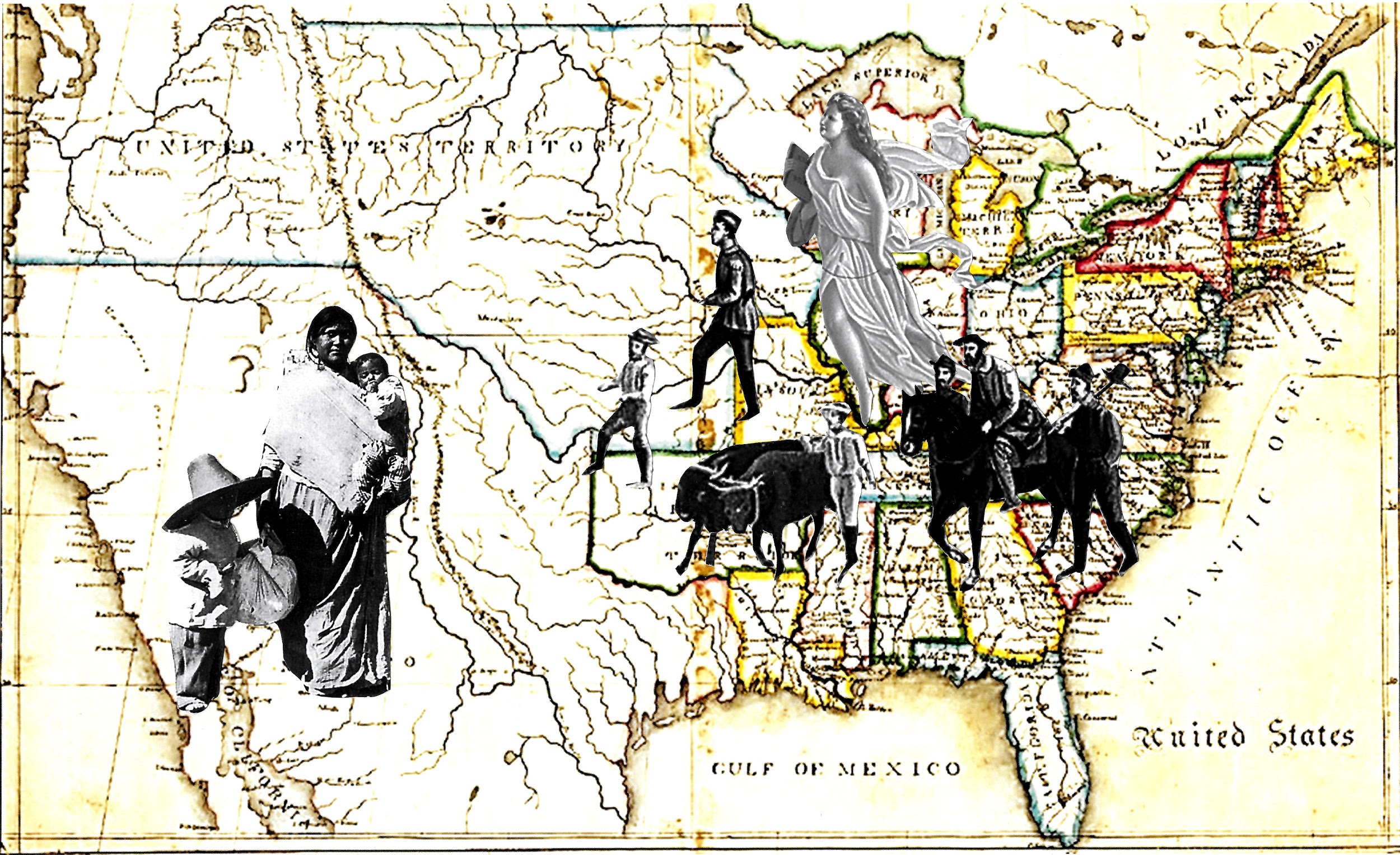 Caravan of Americans crossing border into Mexican land that is now part of the United States. 