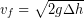 \begin{equation*} v_f = \sqrt{2g\Delta h} \end{equation*}
